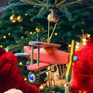 Pier 1 Imports Biplane Ornament Toy Airplane Christmas Tree Wood 2005 Vintage